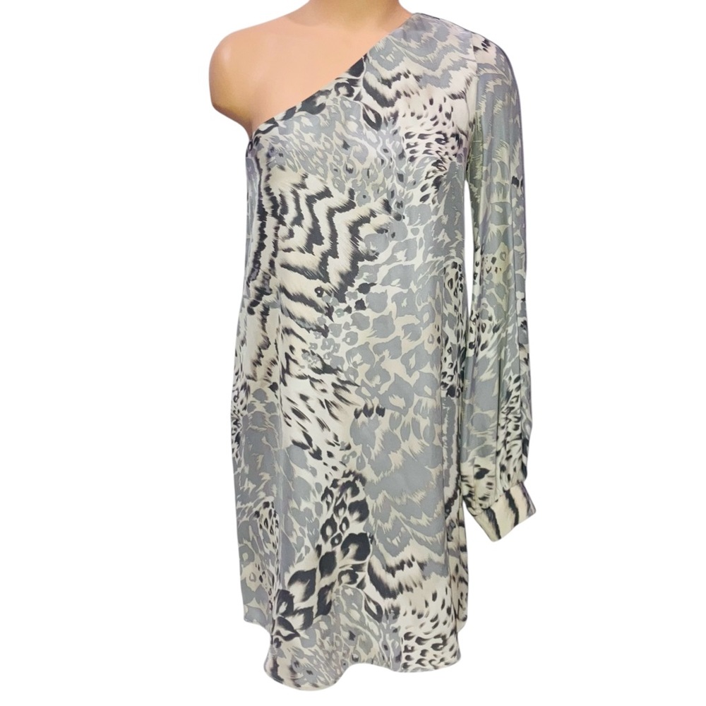 Elizabeth & James Animal Print One Shoulder Cocktail Dress Mob Wife Silk Size 2 - Picture 3 of 11